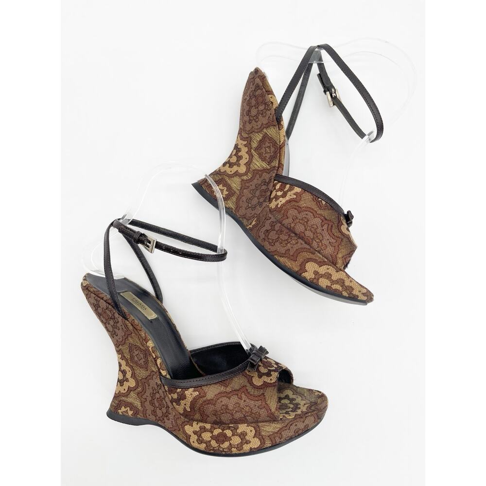 Prada Retro Y2K Brown Bronze Brocade Lurex Bow Sculptural Wedge Sandals IT 36.5 - Picture 5 of 14
